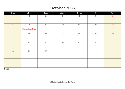 printable october calendar 2035 with us holidays,sunday start, notes at bottom, landscape, letter