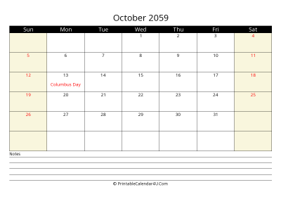 printable october calendar 2059 with us holidays,sunday start, notes at bottom, landscape, letter