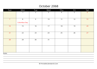 printable october calendar 2068 with us holidays,sunday start, notes at bottom, landscape, letter