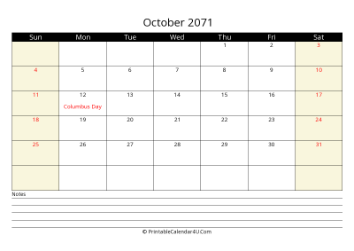 printable october calendar 2071 with us holidays,sunday start, notes at bottom, landscape, letter