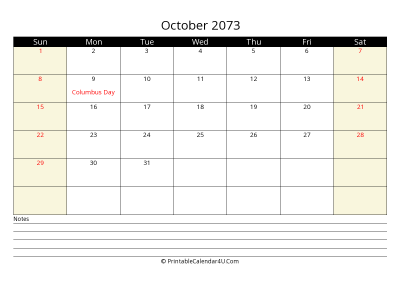 printable october calendar 2073 with us holidays,sunday start, notes at bottom, landscape, letter