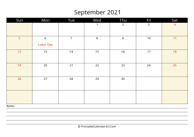 printable september calendar 2021 with us holidays,sunday start, notes at bottom, landscape, letter