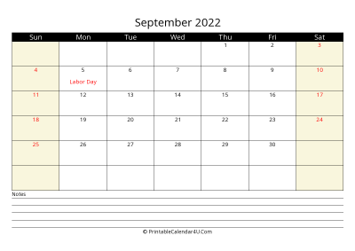 printable september calendar 2022 with us holidays,sunday start, notes at bottom, landscape, letter