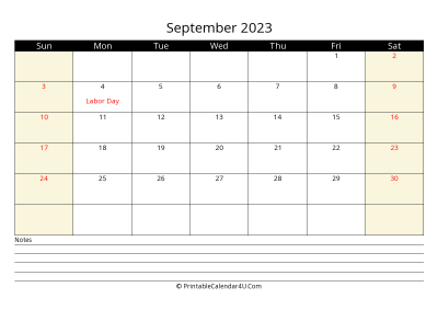 printable september calendar 2023 with us holidays,sunday start, notes at bottom, landscape, letter