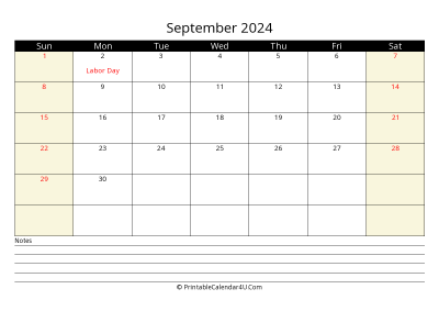 printable september calendar 2024 with us holidays,sunday start, notes at bottom, landscape, letter