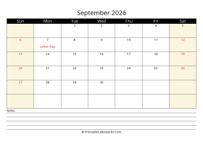 printable september calendar 2026 with us holidays,sunday start, notes at bottom, landscape, letter