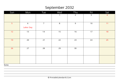 printable september calendar 2032 with us holidays,sunday start, notes at bottom, landscape, letter