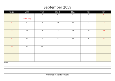 printable september calendar 2059 with us holidays,sunday start, notes at bottom, landscape, letter