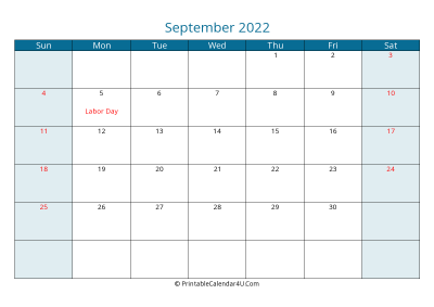 september 2022 calendar printable with us holidays, sunday start, landscape, letter paper size