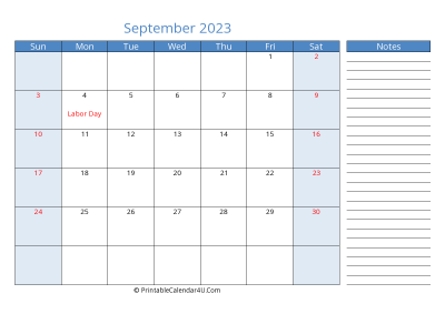 september 2023 printable calendar with us holidays, sunday start, side notes, landscape, letter