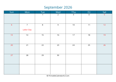 september 2026 calendar printable with us holidays, sunday start, landscape, letter paper size