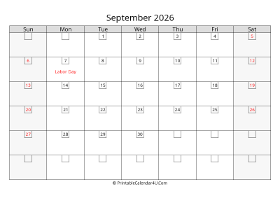 september 2026 calendar with days in box
