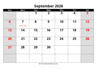 september 2026 editable calendar with large font size