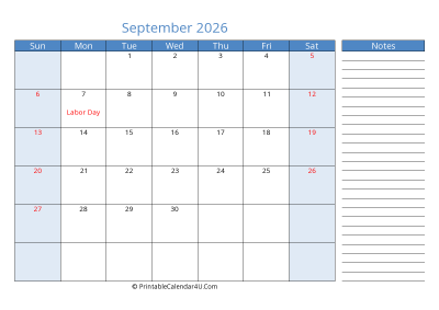september 2026 printable calendar with us holidays, sunday start, side notes, landscape, letter
