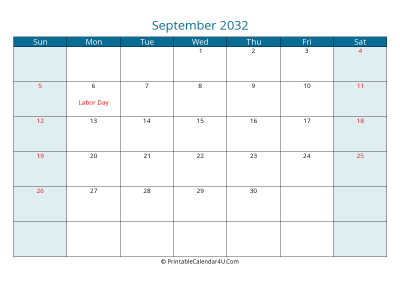 september 2032 calendar printable with us holidays, sunday start, landscape, letter paper size