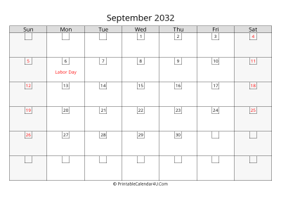 september 2032 calendar with days in box