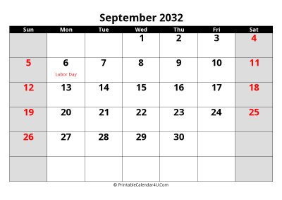 september 2032 editable calendar with large font size