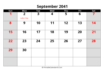 september 2041 editable calendar with large font size