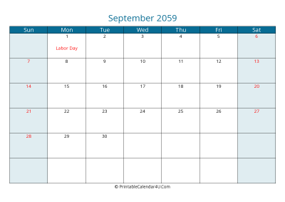 september 2059 calendar printable with us holidays, sunday start, landscape, letter paper size
