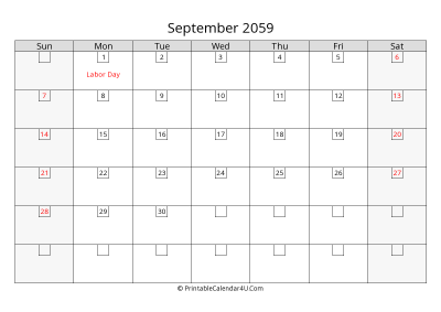 september 2059 calendar with days in box