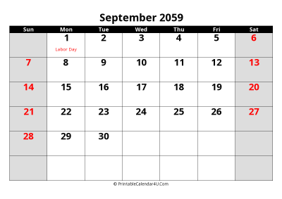 september 2059 editable calendar with large font size