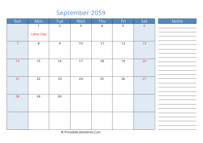 september 2059 printable calendar with us holidays, sunday start, side notes, landscape, letter