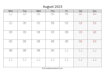 2023 august calendar with days in boxes, week starts on monday