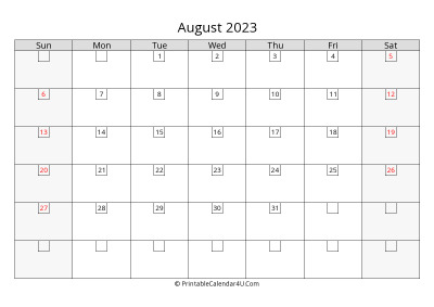 2023 august calendar with days in boxes, week starts on sunday