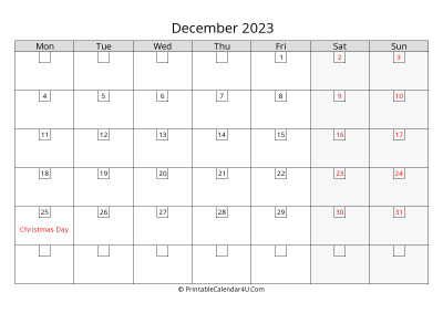 2023 december calendar with days in boxes, week starts on monday
