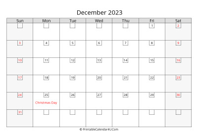 2023 december calendar with days in boxes, week starts on sunday