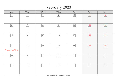 2023 february calendar with days in boxes, week starts on monday