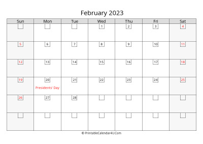 2023 february calendar with days in boxes, week starts on sunday