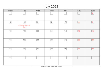 2023 july calendar with days in boxes, week starts on monday