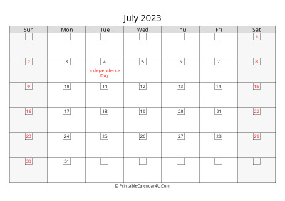 2023 july calendar with days in boxes, week starts on sunday