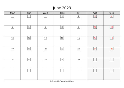 2023 june calendar with days in boxes, week starts on monday