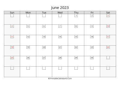 2023 june calendar with days in boxes, week starts on sunday