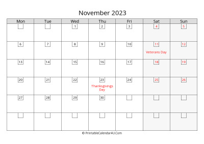 2023 november calendar with days in boxes, week starts on monday
