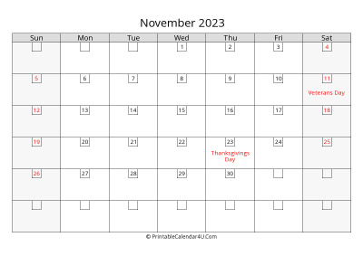 2023 november calendar with days in boxes, week starts on sunday
