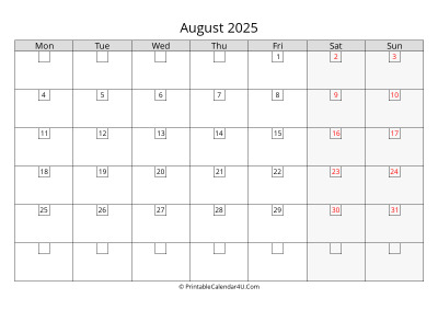 2025 august calendar with days in boxes, week starts on monday