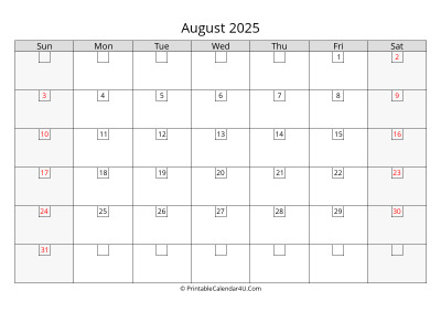2025 august calendar with days in boxes, week starts on sunday