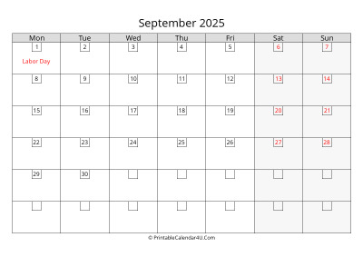 2025 september calendar with days in boxes, week starts on monday