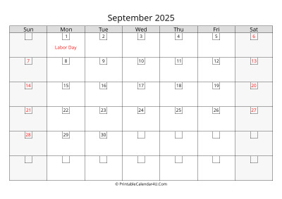 2025 september calendar with days in boxes, week starts on sunday