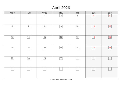 2026 april calendar with days in boxes, week starts on monday