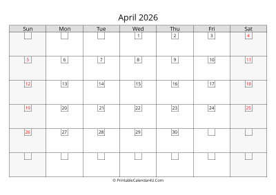 2026 april calendar with days in boxes, week starts on sunday