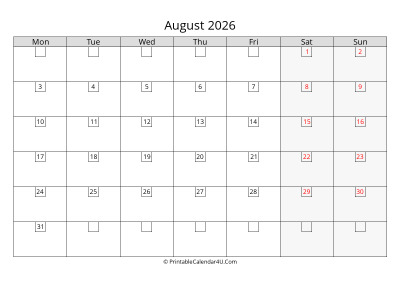2026 august calendar with days in boxes, week starts on monday