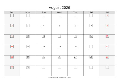2026 august calendar with days in boxes, week starts on sunday