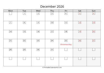 2026 december calendar with days in boxes, week starts on monday