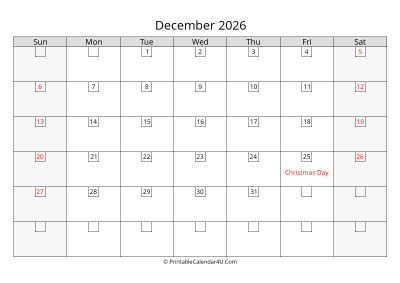 2026 december calendar with days in boxes, week starts on sunday