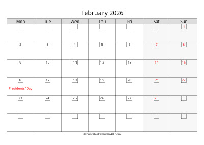 2026 february calendar with days in boxes, week starts on monday