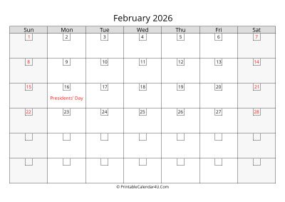 2026 february calendar with days in boxes, week starts on sunday